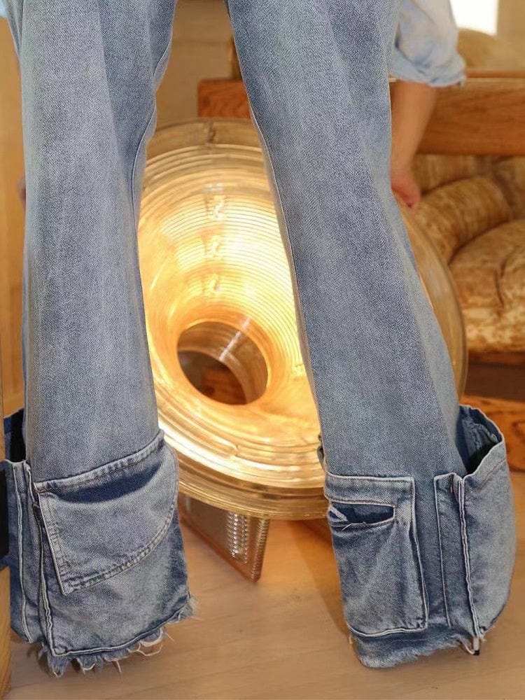 OUDINA New Multi-bag Vintage Straight Denim Mujer Trousers Women Pants Woman Wide Leg Cargo Jeans