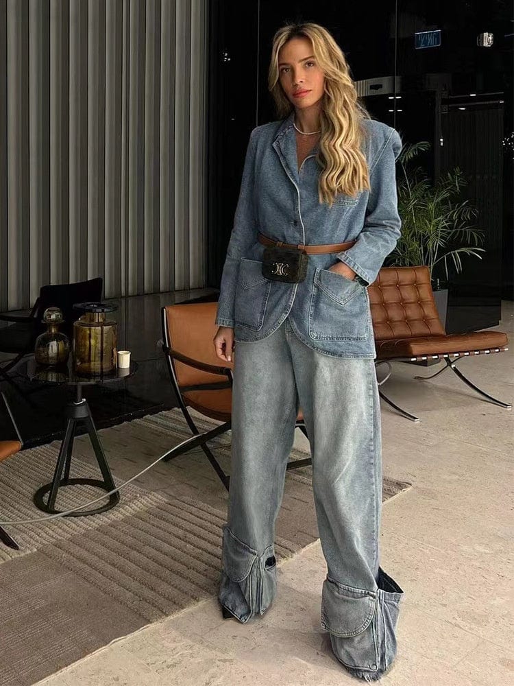 OUDINA New Multi-bag Vintage Straight Denim Mujer Trousers Women Pants Woman Wide Leg Cargo Jeans