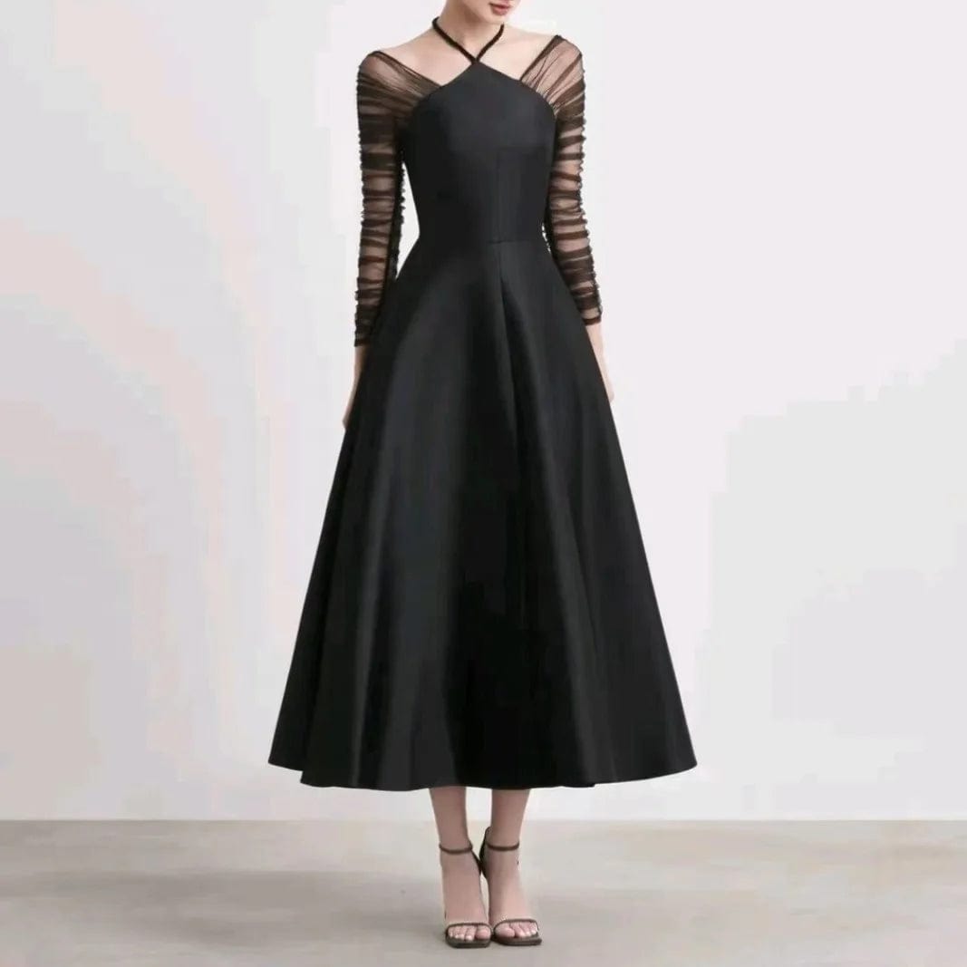 OUDINA New Niche Design Halter Neck Dress Women Mesh sleeves Patchwork Waist Audrey Hepburn Black Dress
