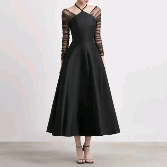 OUDINA New Niche Design Halter Neck Dress Women Mesh sleeves Patchwork Waist Audrey Hepburn Black Dress