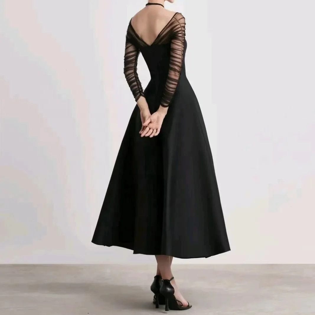 OUDINA New Niche Design Halter Neck Dress Women Mesh sleeves Patchwork Waist Audrey Hepburn Black Dress