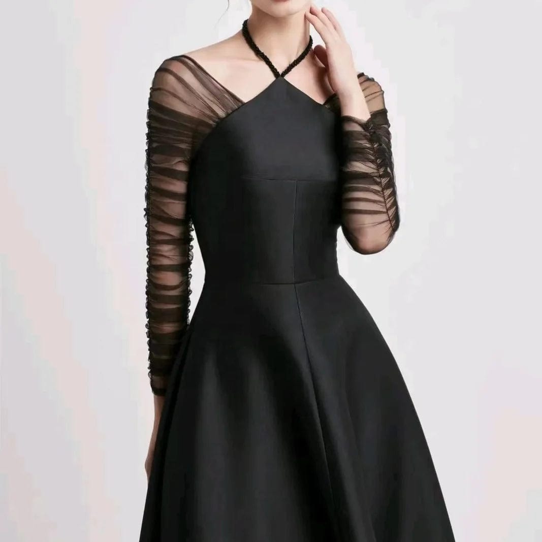 OUDINA New Niche Design Halter Neck Dress Women Mesh sleeves Patchwork Waist Audrey Hepburn Black Dress