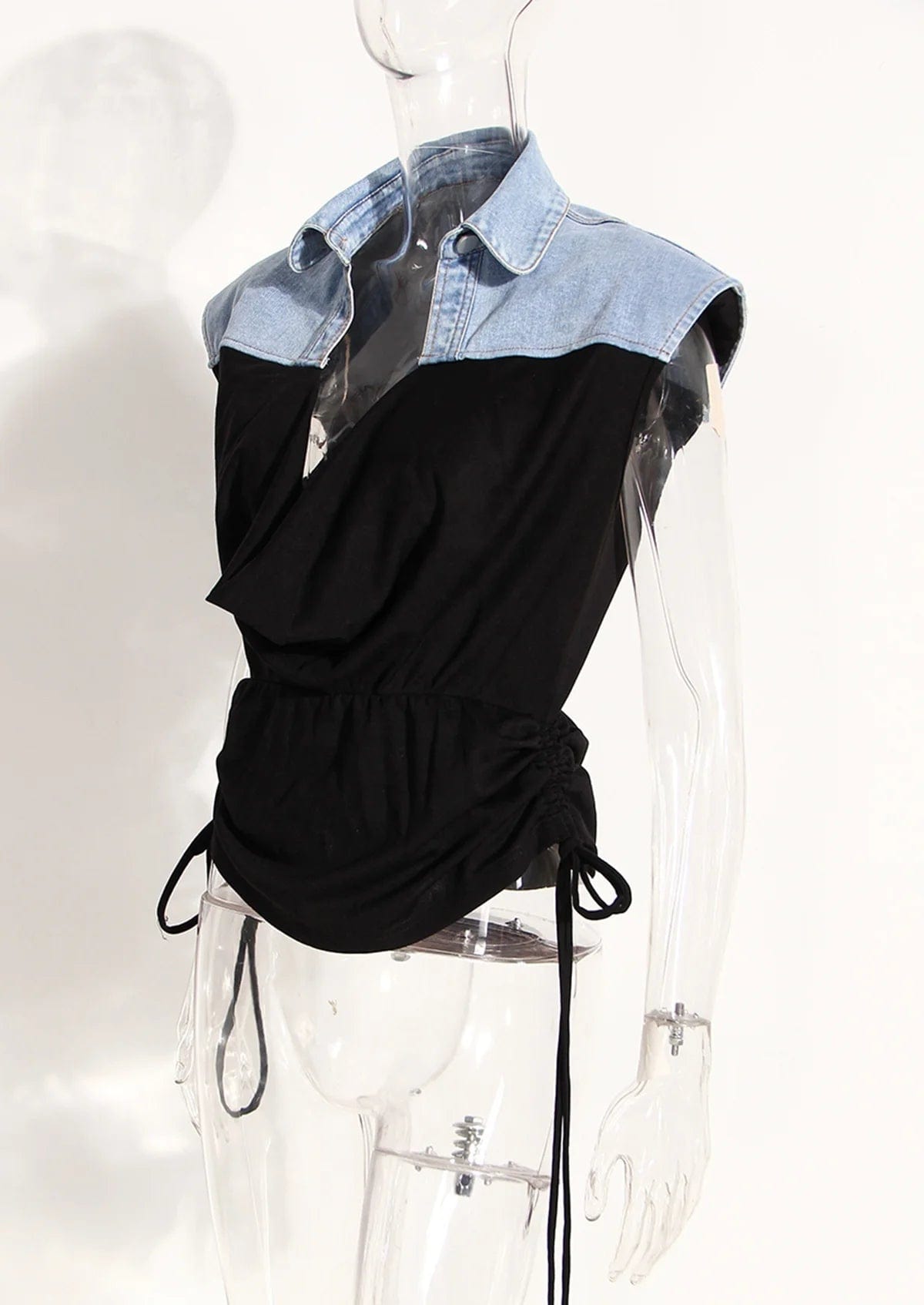 OUDINA  New Niche Design Vest Tops Denim Splicing V-neck Drawstring Pleated Sleeveless Tops For Women