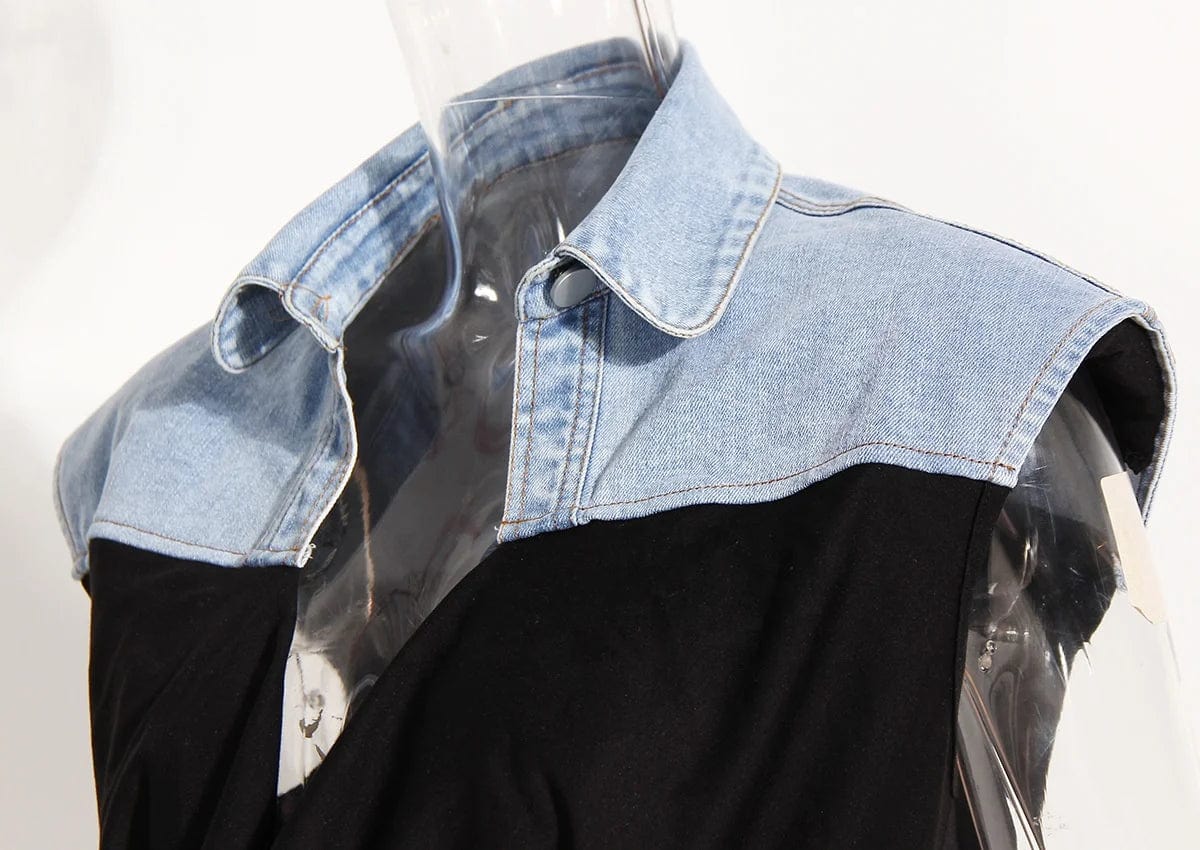 OUDINA  New Niche Design Vest Tops Denim Splicing V-neck Drawstring Pleated Sleeveless Tops For Women