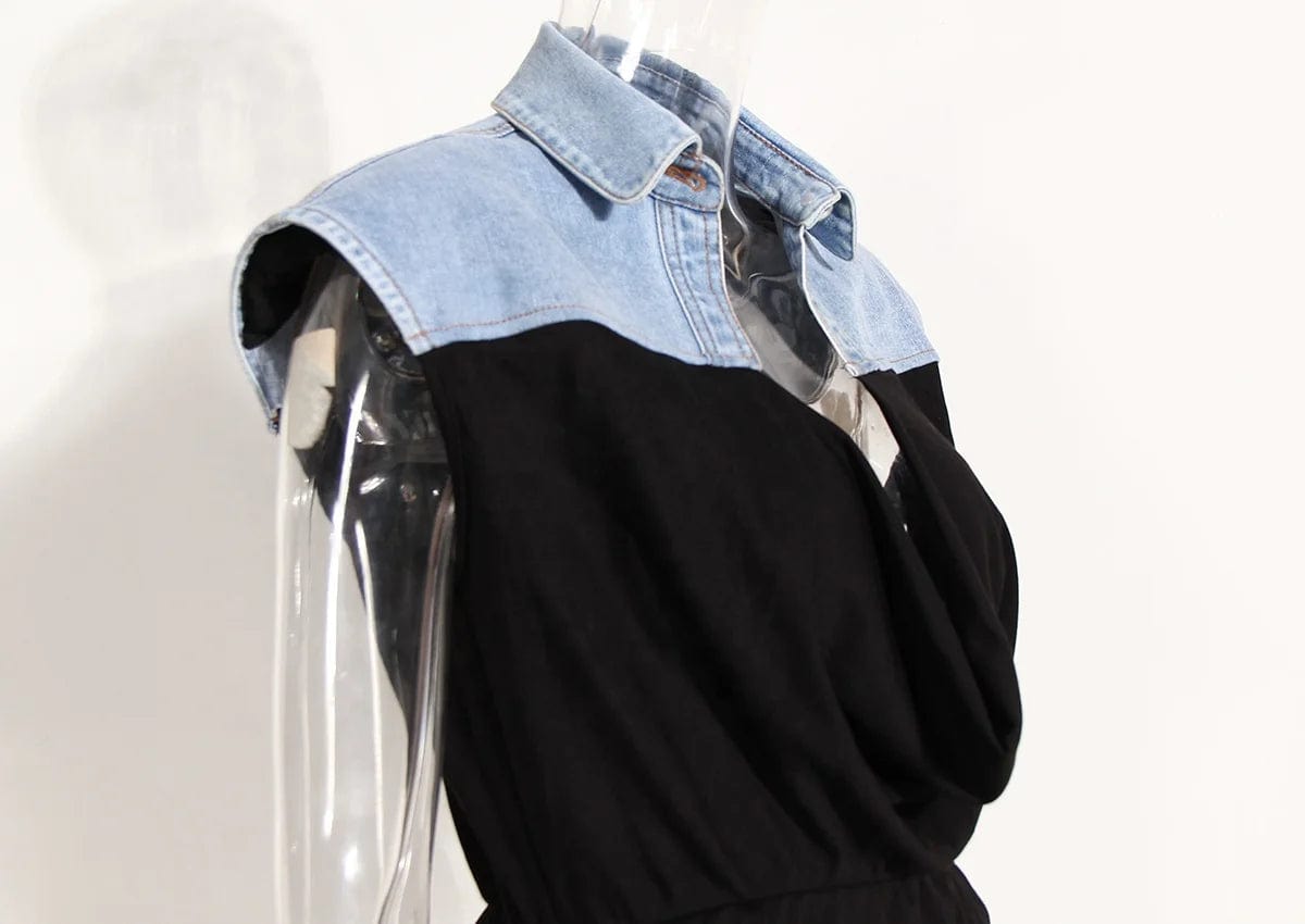 OUDINA  New Niche Design Vest Tops Denim Splicing V-neck Drawstring Pleated Sleeveless Tops For Women