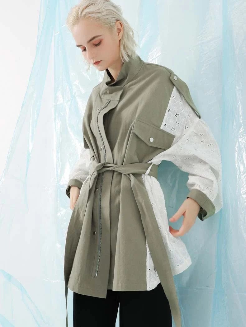 OUDINA New Products Wholesale Loose With Belt Patchwork Lace Coat Trench Jackets Retro Windbreaker Jacket