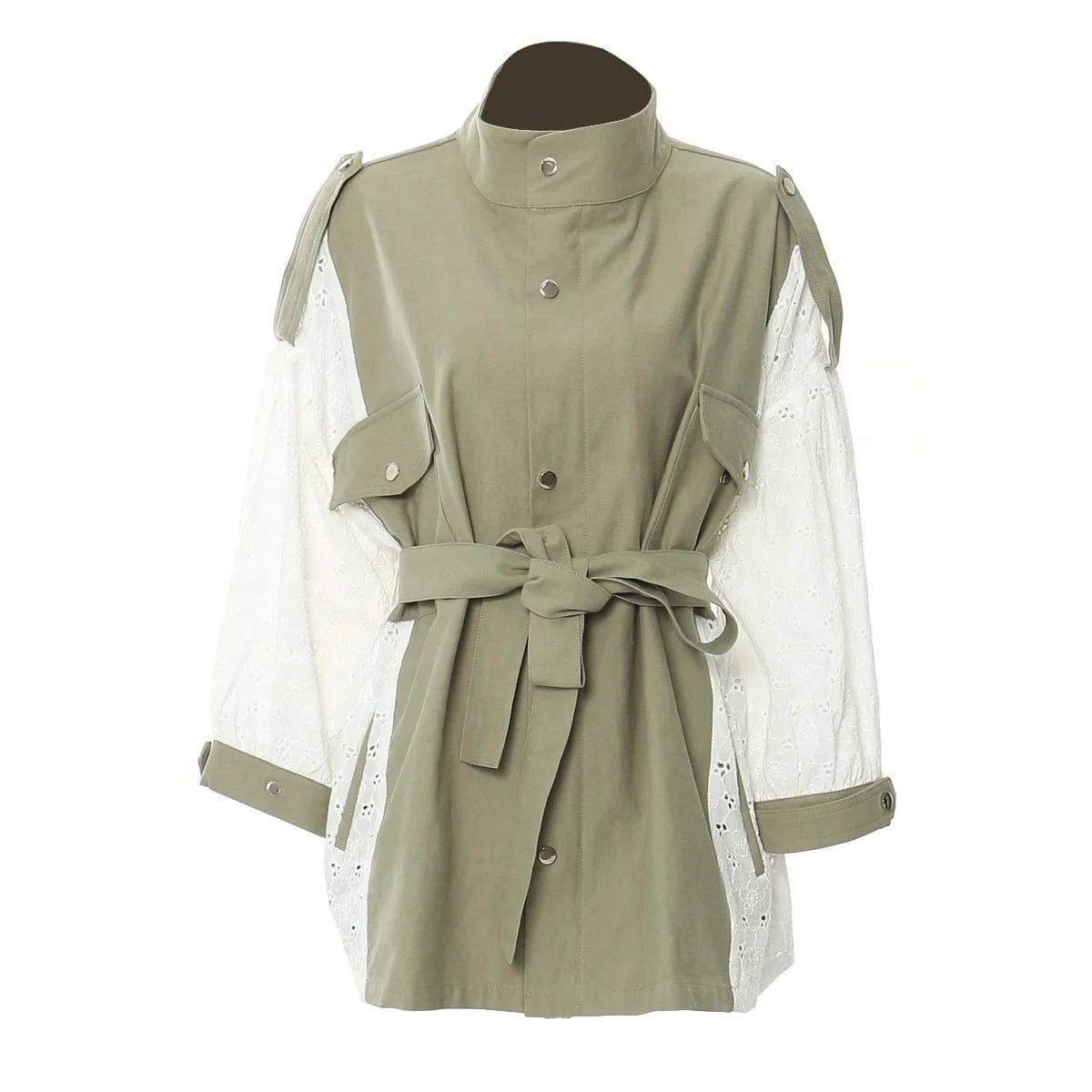 OUDINA New Products Wholesale Loose With Belt Patchwork Lace Coat Trench Jackets Retro Windbreaker Jacket