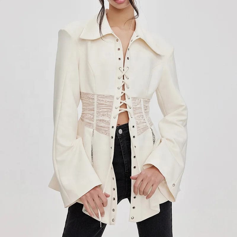 OUDINA New See-through Lace Suit Jacket For Women Heavy Industry Design Rope Waist Fashion Top Blazers Ladies