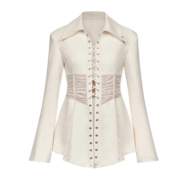 OUDINA New See-through Lace Suit Jacket For Women Heavy Industry Design Rope Waist Fashion Top Blazers Ladies