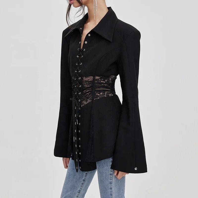 OUDINA New See-through Lace Suit Jacket For Women Heavy Industry Design Rope Waist Fashion Top Blazers Ladies