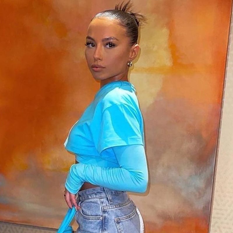 OUDINA New Solid Color Casual Round Neck Women Fashion Tops Long Sleeve Women Crop Top