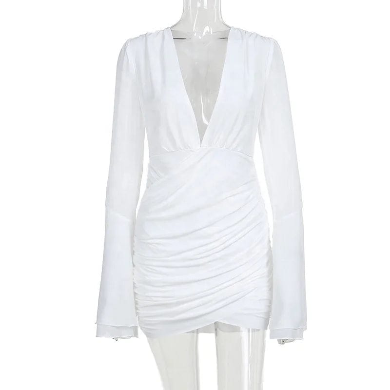 OUDINA New Style Bell sleeve Deep V Neck Dress European And American Style Fashion Hip-covering Long-sleeved Short Dress