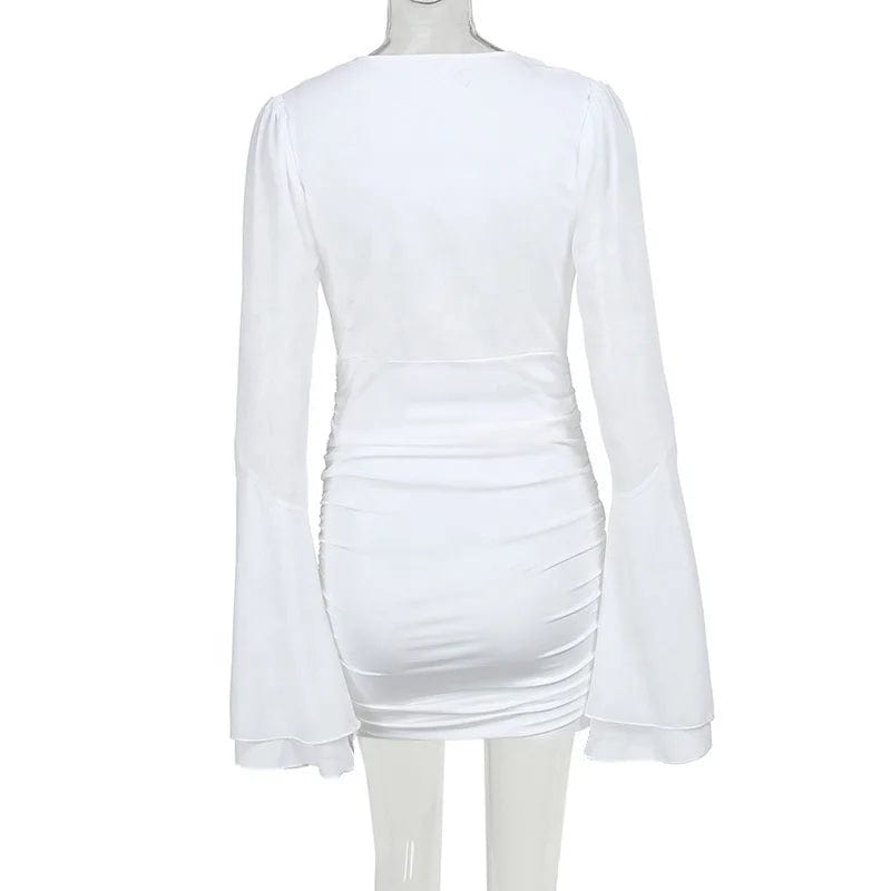 OUDINA New Style Bell sleeve Deep V Neck Dress European And American Style Fashion Hip-covering Long-sleeved Short Dress