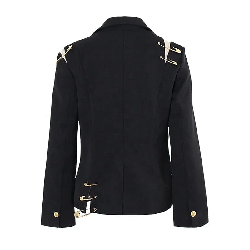 OUDINA New Style Black Blazers Damas Mujeres 2024 Shoulder Mesh Patchwork Pin Decoration Blazer For Woman