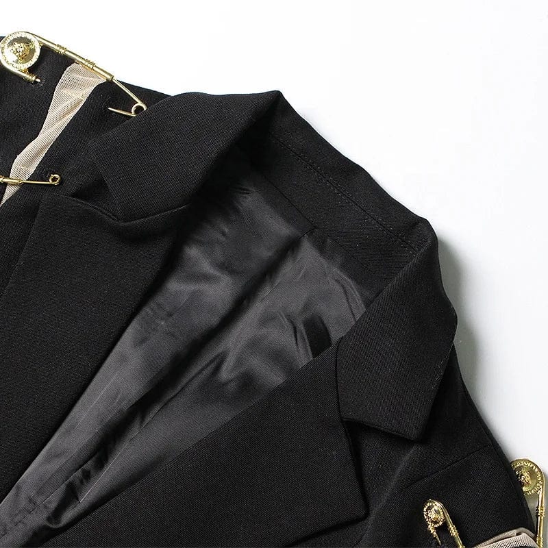 OUDINA New Style Black Blazers Damas Mujeres 2024 Shoulder Mesh Patchwork Pin Decoration Blazer For Woman