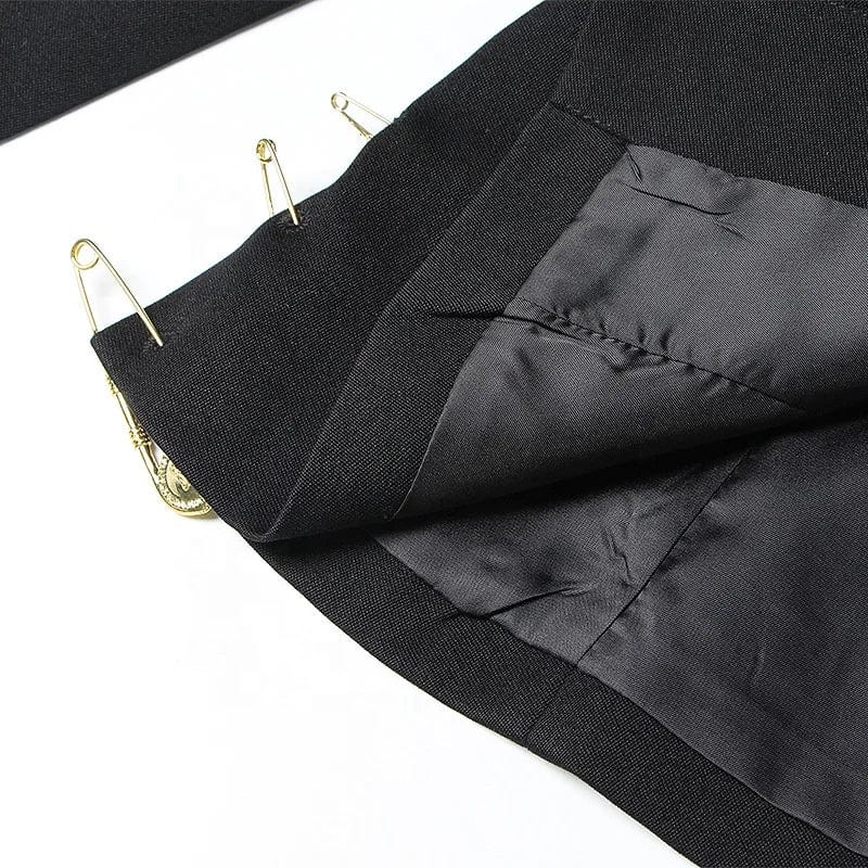 OUDINA New Style Black Blazers Damas Mujeres 2024 Shoulder Mesh Patchwork Pin Decoration Blazer For Woman