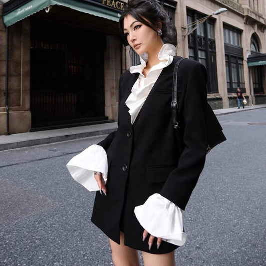 OUDINA New Style Ladies Women Jackets Contrasting Bell Sleeve Lotus Leaf Collar Suit Jacket Women's Suits Blazers