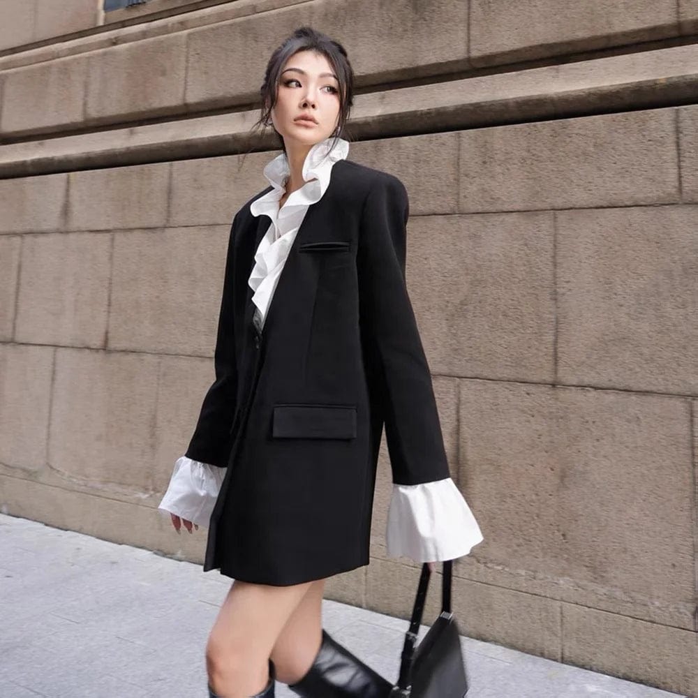 OUDINA New Style Ladies Women Jackets Contrasting Bell Sleeve Lotus Leaf Collar Suit Jacket Women's Suits Blazers