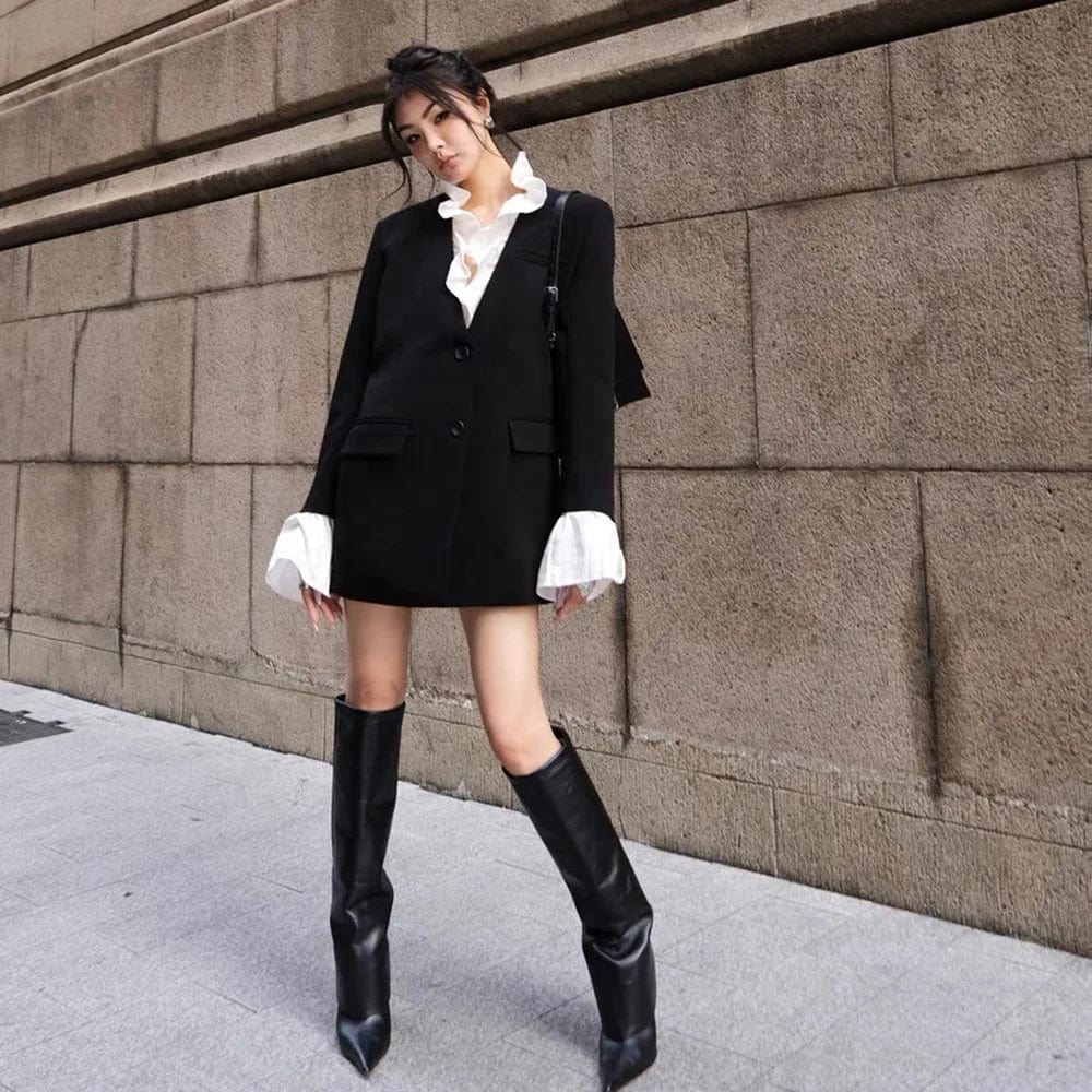 OUDINA New Style Ladies Women Jackets Contrasting Bell Sleeve Lotus Leaf Collar Suit Jacket Women's Suits Blazers