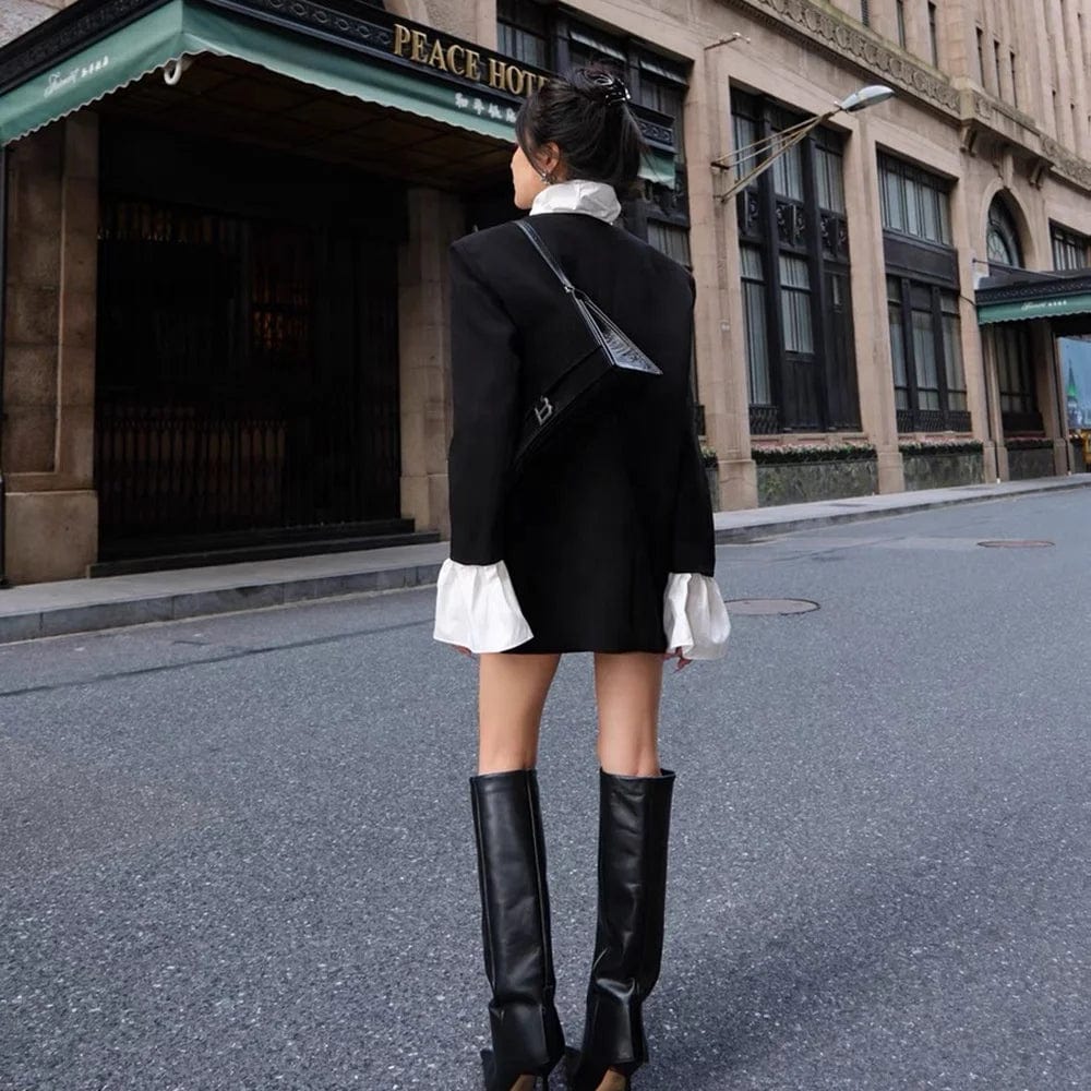 OUDINA New Style Ladies Women Jackets Contrasting Bell Sleeve Lotus Leaf Collar Suit Jacket Women's Suits Blazers