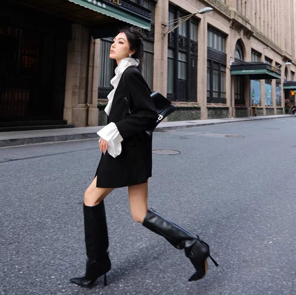 OUDINA New Style Ladies Women Jackets Contrasting Bell Sleeve Lotus Leaf Collar Suit Jacket Women's Suits Blazers