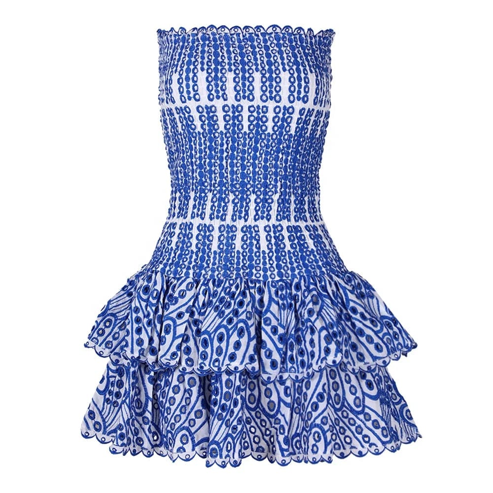 OUDINA New Style Niche Design Sexy Tube Dress Hollow Embroidery Waisted Ruffle Women's Dresses