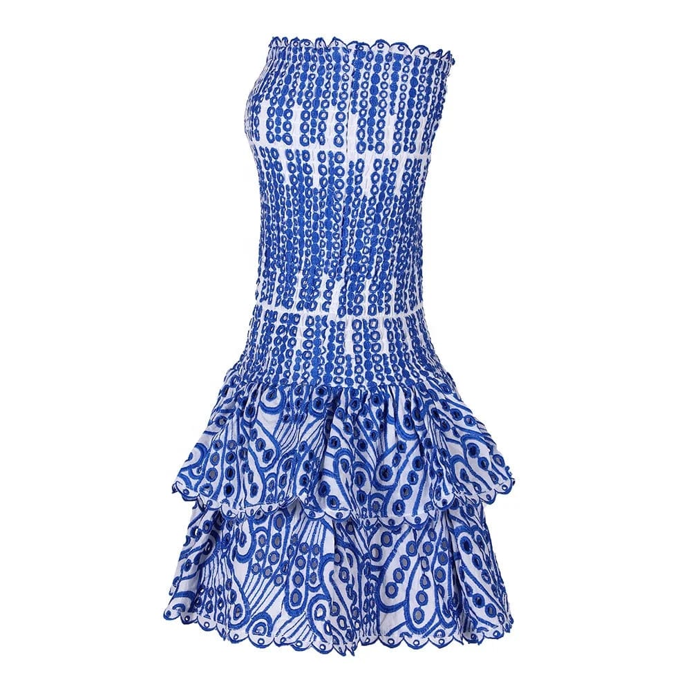 OUDINA New Style Niche Design Sexy Tube Dress Hollow Embroidery Waisted Ruffle Women's Dresses