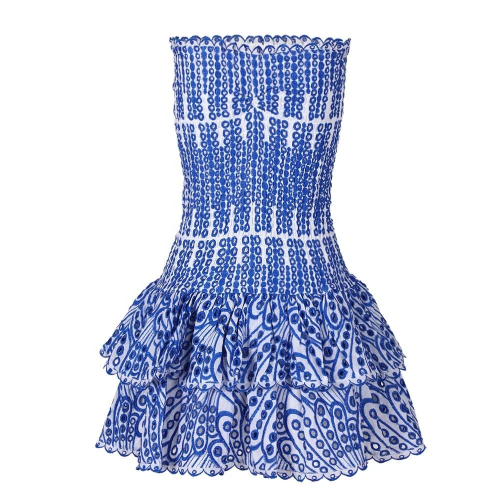 OUDINA New Style Niche Design Sexy Tube Dress Hollow Embroidery Waisted Ruffle Women's Dresses