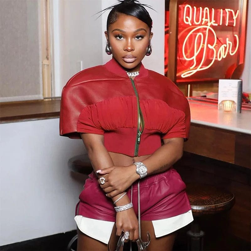 OUDINA New Style Splicing Mesh Crop Top Leather Jacket Zipper Short Sleeve Waist Women Jackets Coats