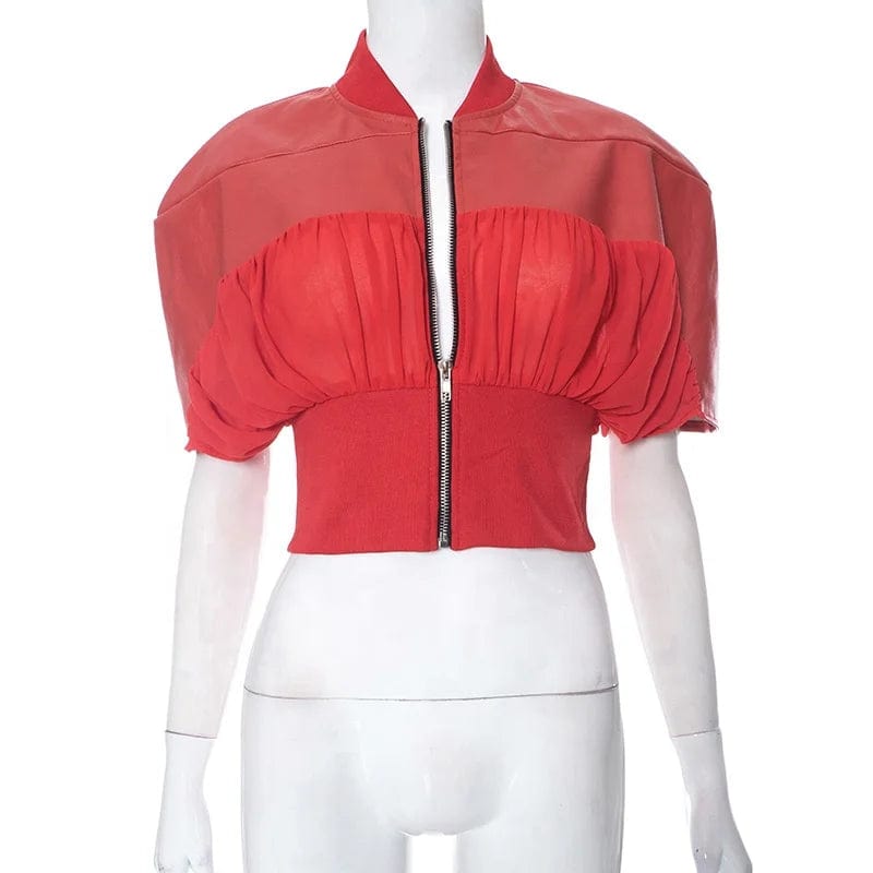 OUDINA New Style Splicing Mesh Crop Top Leather Jacket Zipper Short Sleeve Waist Women Jackets Coats