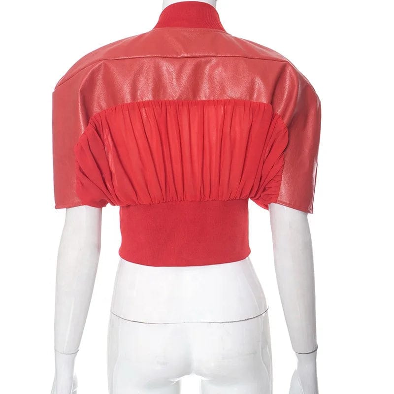 OUDINA New Style Splicing Mesh Crop Top Leather Jacket Zipper Short Sleeve Waist Women Jackets Coats