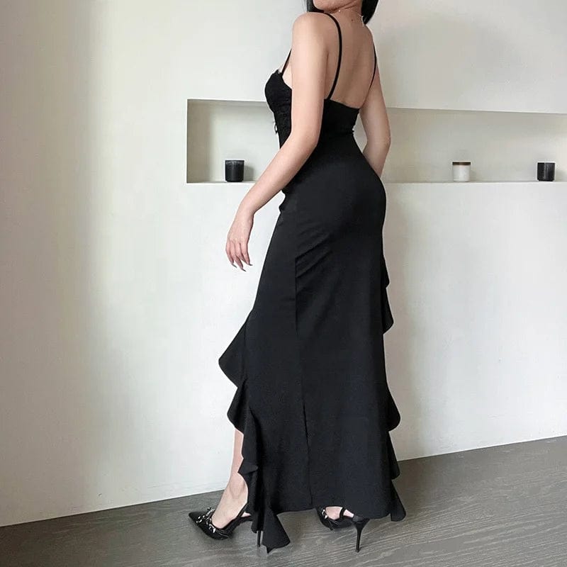 OUDINA New Style Wavy Edge Slit Lace Suspender Dress Slim Summer Bridesmaid Dresses