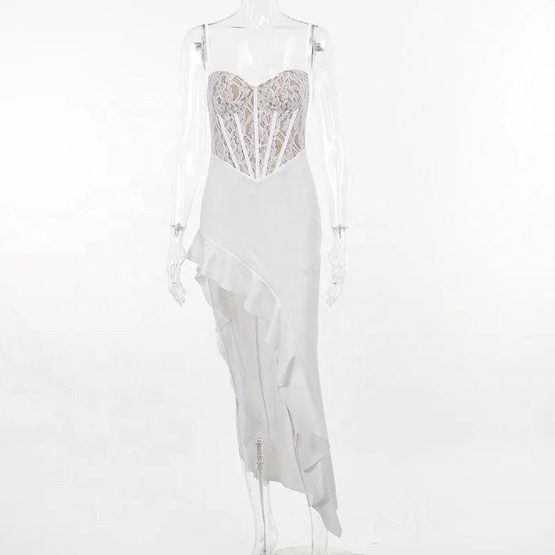 OUDINA New Style Wavy Edge Slit Lace Suspender Dress Slim Summer Bridesmaid Dresses