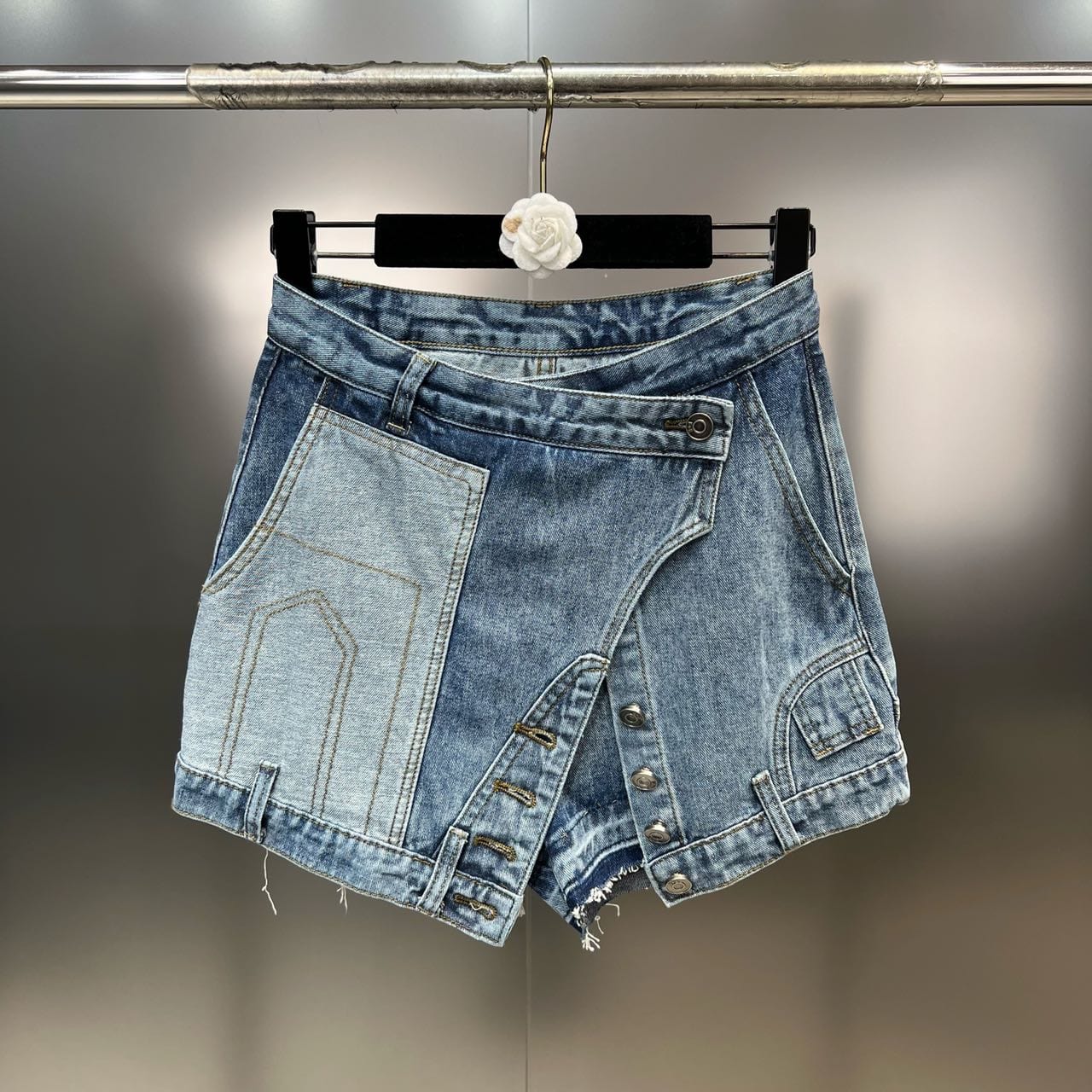 OUDINA New Stylish Unique Sexy Irregular Buttons Patchwork Wash Jean Skirts Shorts Denim Skirt For Women