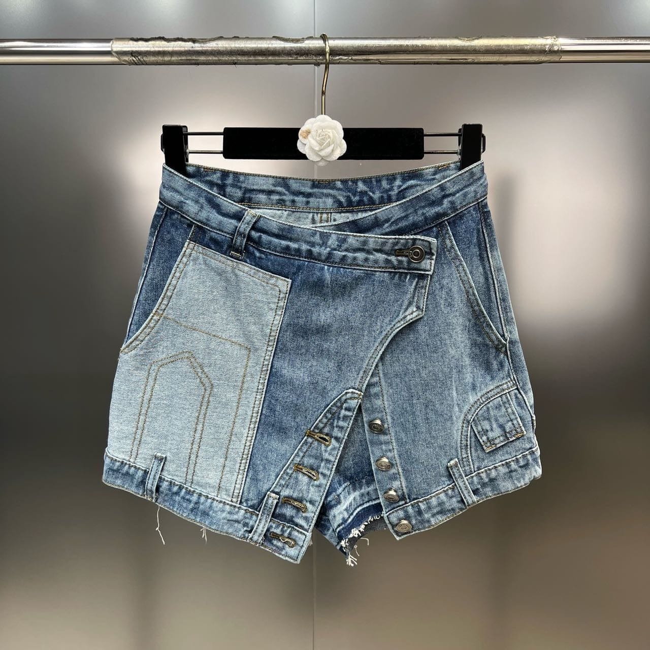 OUDINA New Stylish Unique Sexy Irregular Buttons Patchwork Wash Jean Skirts Shorts Denim Skirt For Women