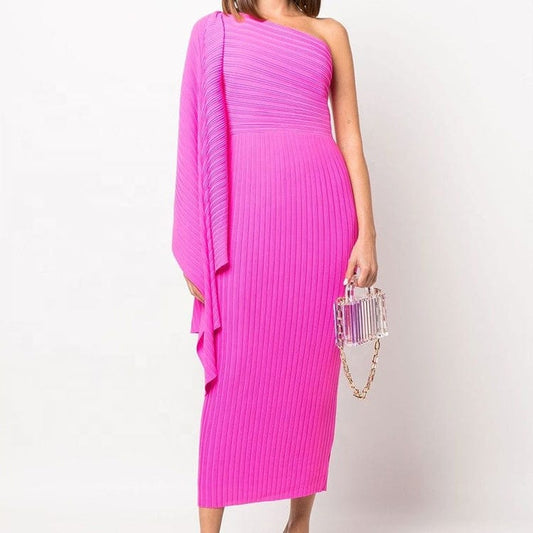 OUDINA New Summer Women's Temperament Irregular Beveled High Waist Long Chiffon Pleats Casual Dresses Woman