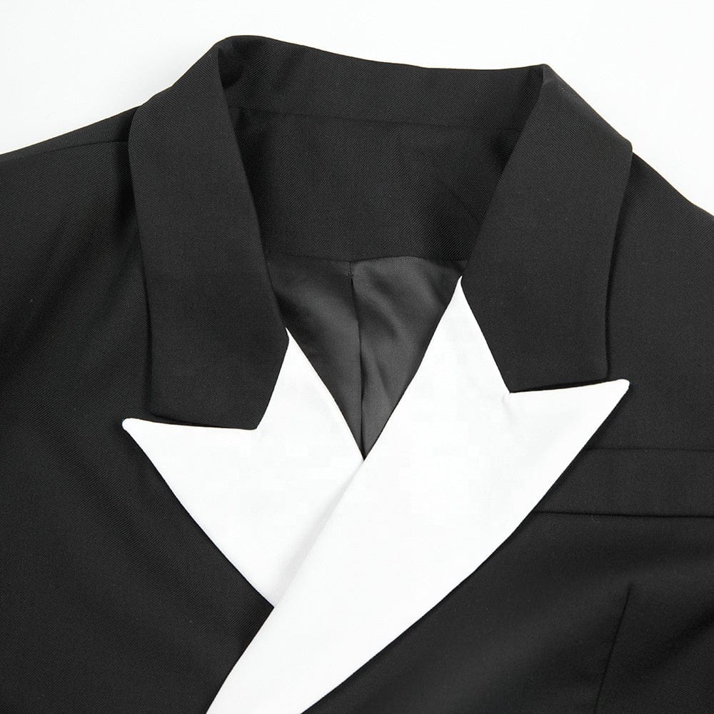 OUDINA New Trendy Contrast Color Black White Asymmetric Ladies Suit Jacket Blazer Woman