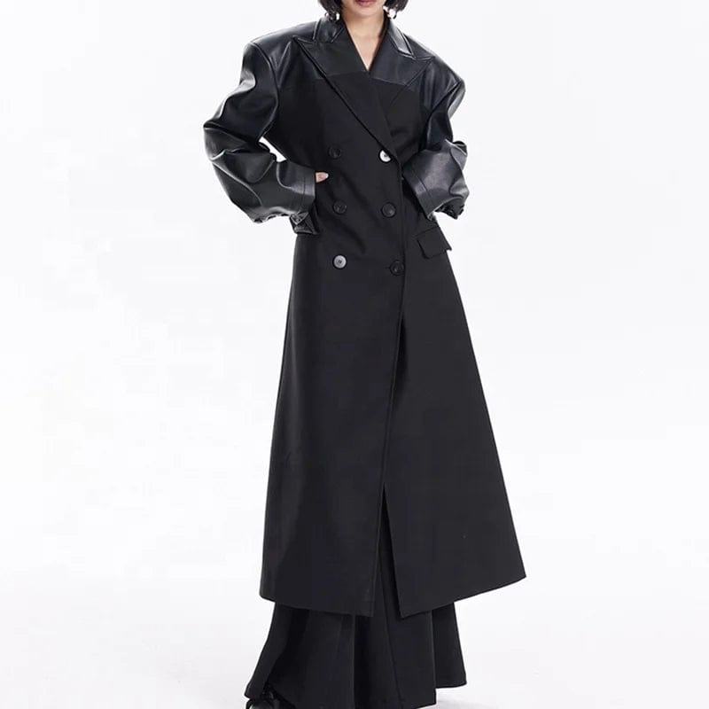 OUDINA New Winter Black Windbreak Extra Long jacket Slimming Patchwork PU Maxi Trench Coat