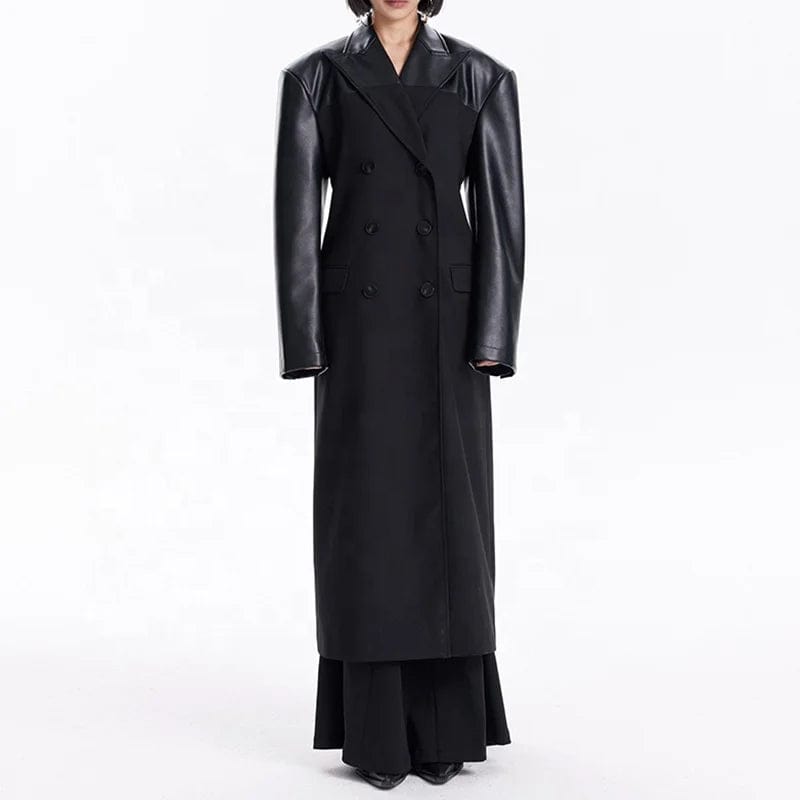 OUDINA New Winter Black Windbreak Extra Long jacket Slimming Patchwork PU Maxi Trench Coat