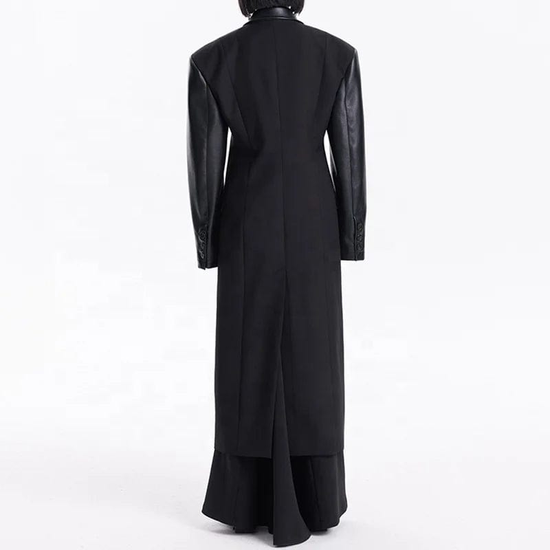 OUDINA New Winter Black Windbreak Extra Long jacket Slimming Patchwork PU Maxi Trench Coat