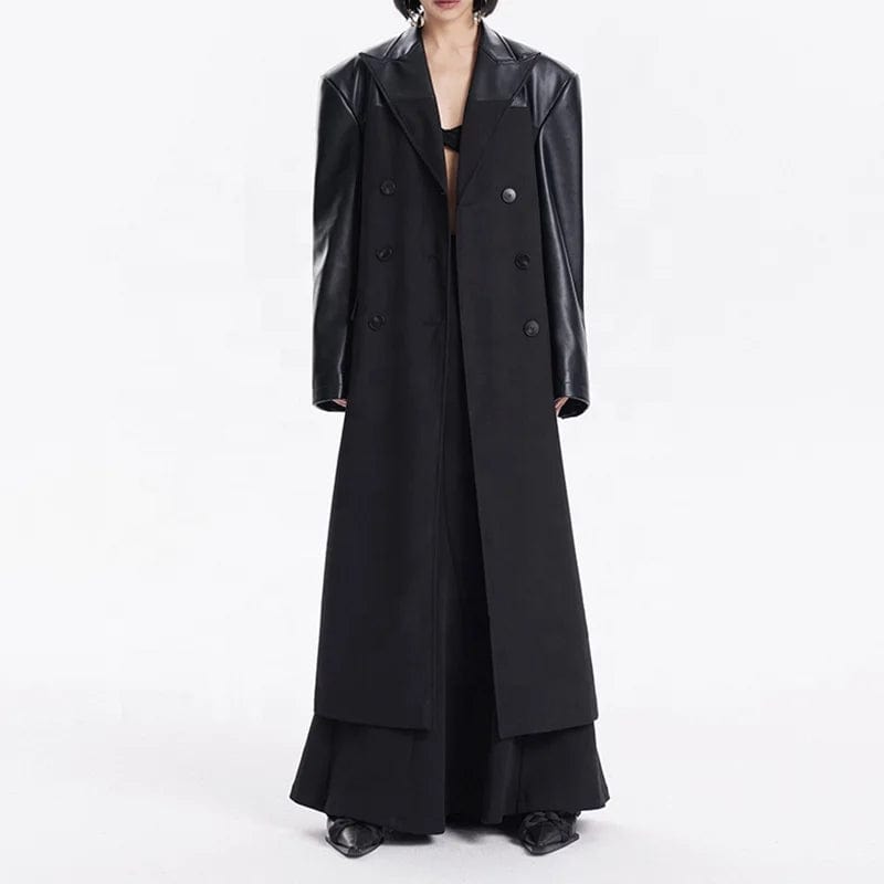 OUDINA New Winter Black Windbreak Extra Long jacket Slimming Patchwork PU Maxi Trench Coat