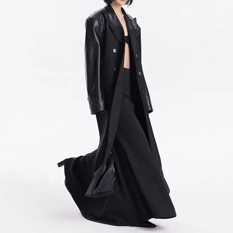OUDINA New Winter Black Windbreak Extra Long jacket Slimming Patchwork PU Maxi Trench Coat