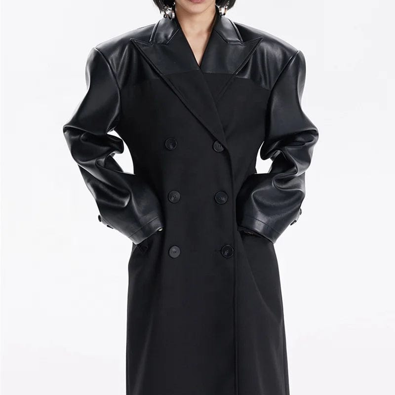 OUDINA New Winter Black Windbreak Extra Long jacket Slimming Patchwork PU Maxi Trench Coat