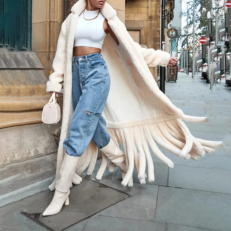 OUDINA New Winter Lamb's Wool Coat  Lazy Style Comfortable Design Splicing Tassel Long Woolen Coats For Women