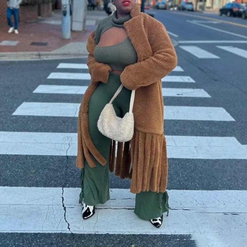 OUDINA New Winter Lamb's Wool Coat  Lazy Style Comfortable Design Splicing Tassel Long Woolen Coats For Women