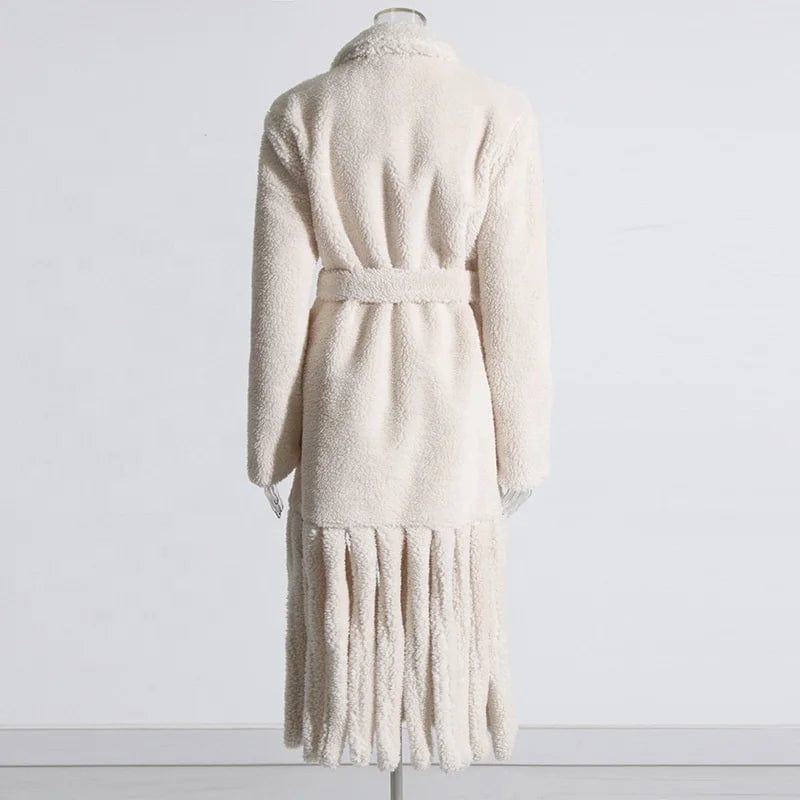 OUDINA New Winter Lamb's Wool Coat  Lazy Style Comfortable Design Splicing Tassel Long Woolen Coats For Women