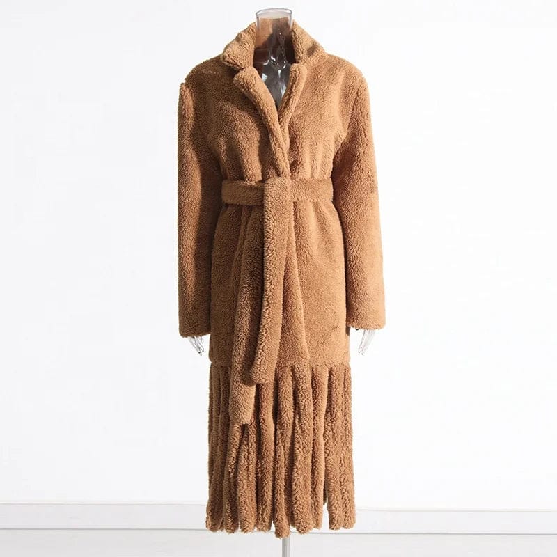 OUDINA New Winter Lamb's Wool Coat  Lazy Style Comfortable Design Splicing Tassel Long Woolen Coats For Women