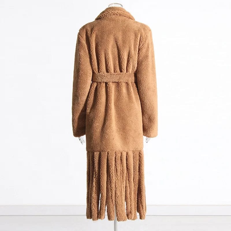 OUDINA New Winter Lamb's Wool Coat  Lazy Style Comfortable Design Splicing Tassel Long Woolen Coats For Women