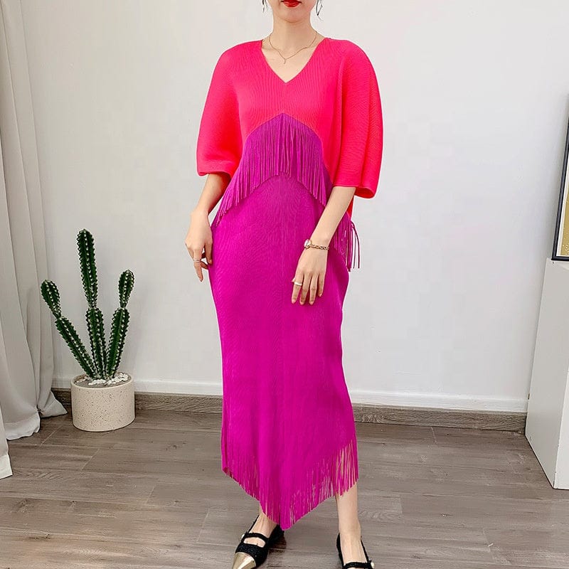 OUDINA New Women Clothing Dress Contrast Color V-neck Loose Elegant Tassel Fringe Casual Long Womans Dresses