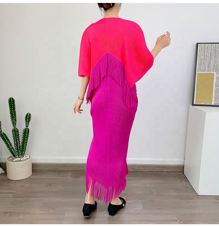 OUDINA New Women Clothing Dress Contrast Color V-neck Loose Elegant Tassel Fringe Casual Long Womans Dresses